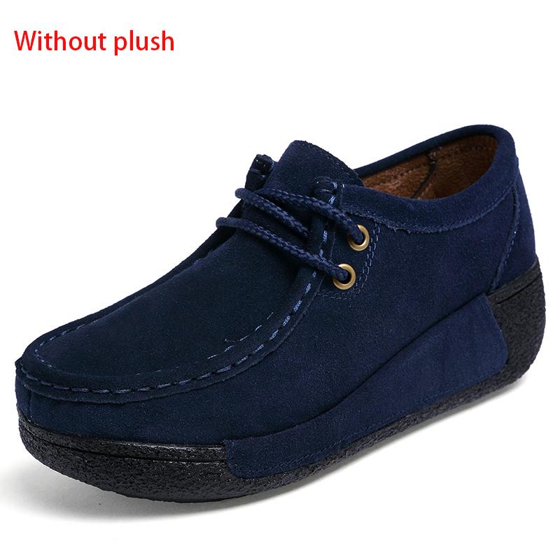 Genuine Leather Platform Flat Shoes Women Lace Up Plush Nubuck Cow Suede Sneakers Ladies Swing Shoes Wedge Shallow Espadrilles