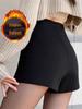 Women's Black Elastic High-Waisted Fleece-Lined Shorts - Slimming, Wide-Leg, Thick, Small Size, Autumn/Winter 2024 Collection
