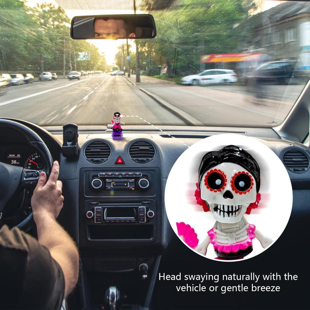 Skeleton Car Decor Car Ornaments For Dashboard Solar-Powered Shaking Head Ornament For Desktop Interior Home Men Women Inside