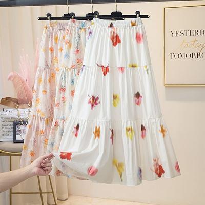 White Floral Skirt for Women's Summer New High Waisted A-line Medium Length Cake Skirt