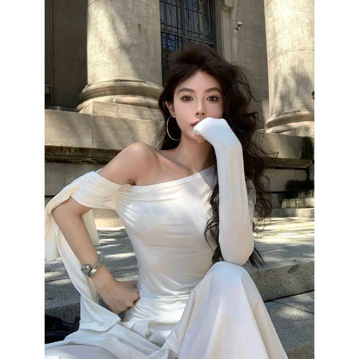 

Топ бодикон с длинными рукавами и открытыми плечами с нерегулярной лентой - Женский весенний шик Large белый