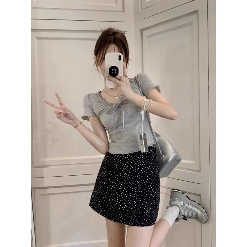 Cotton Bow Lace V-neck Short-sleeved T-shirt for Women In Summer New Slim Fit and Sexy Hot Girl Short Top