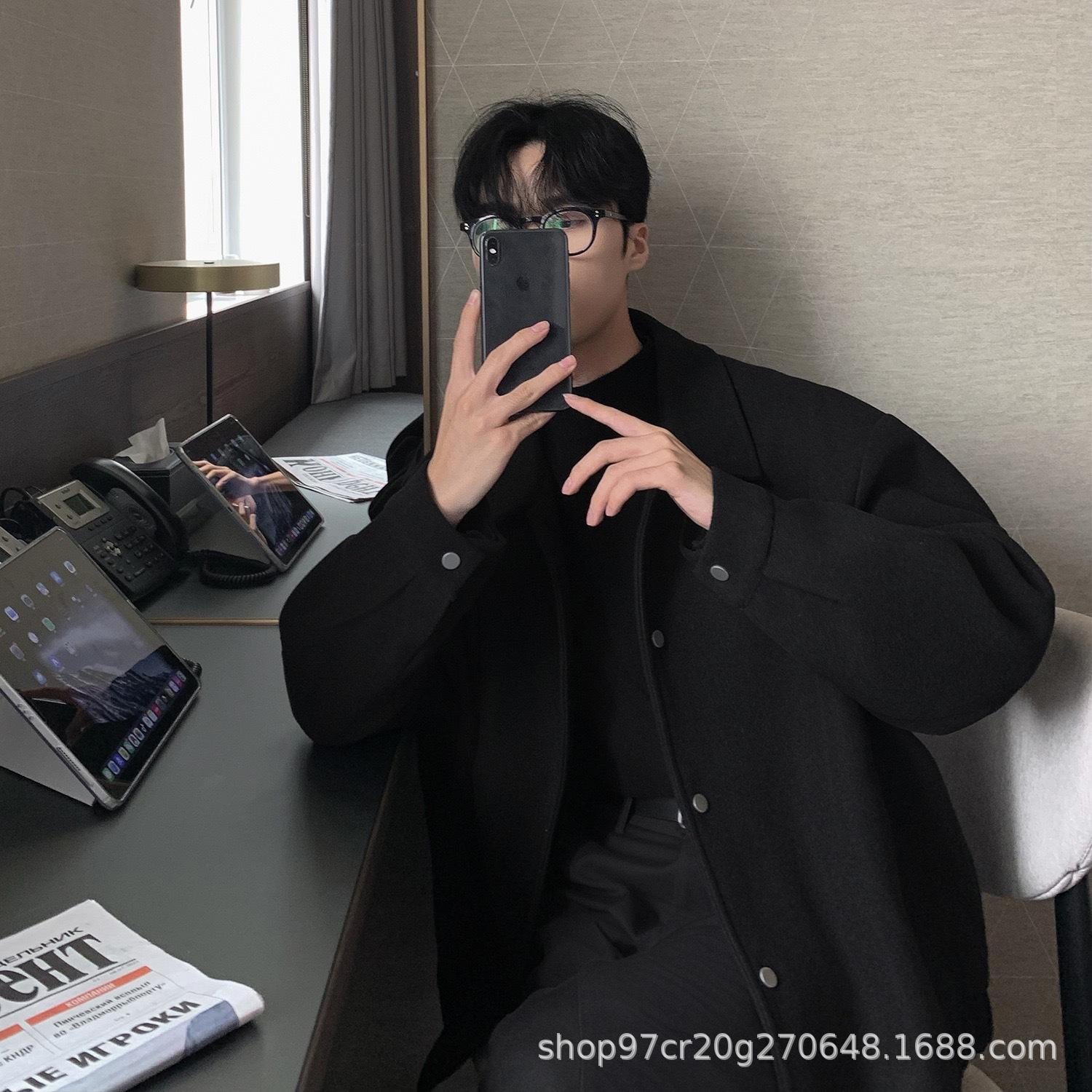 

2025 осень и зима новая утолщенная шерстяная куртка с лацканами мужская короткая модный бренд корейская версия хулиганская красивая шерстяная куртка внешняя торговля 3XL чёрный