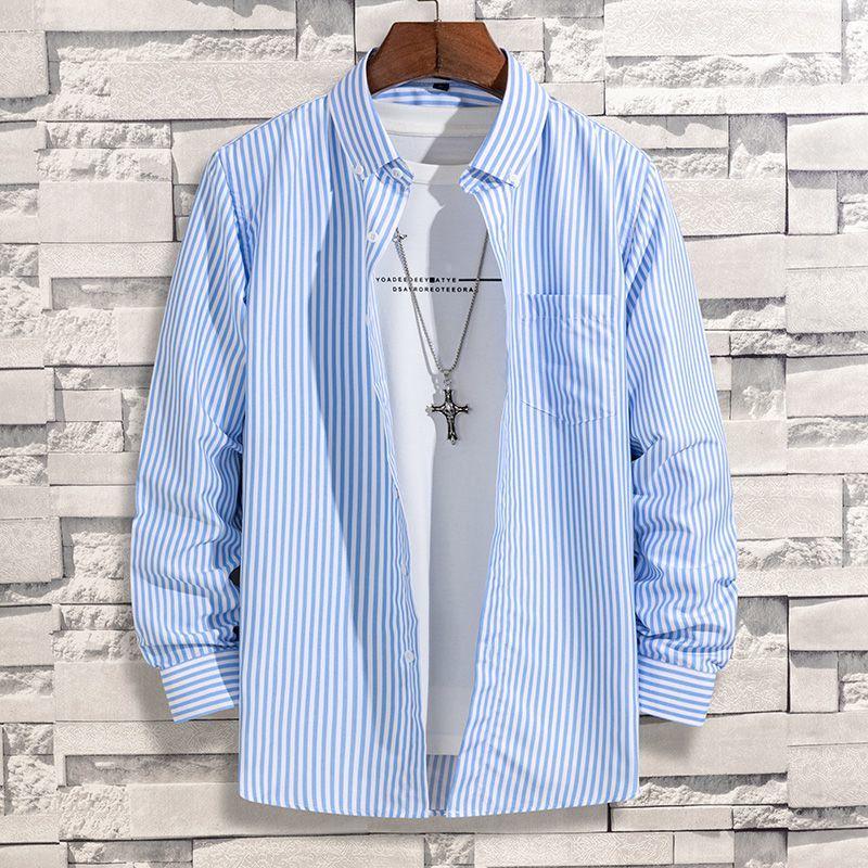 Spring and Autumn Vertical Striped Printed Shirt Men's Middle-aged and Young Comfortable Pocket Long-sleeved Shirt Men