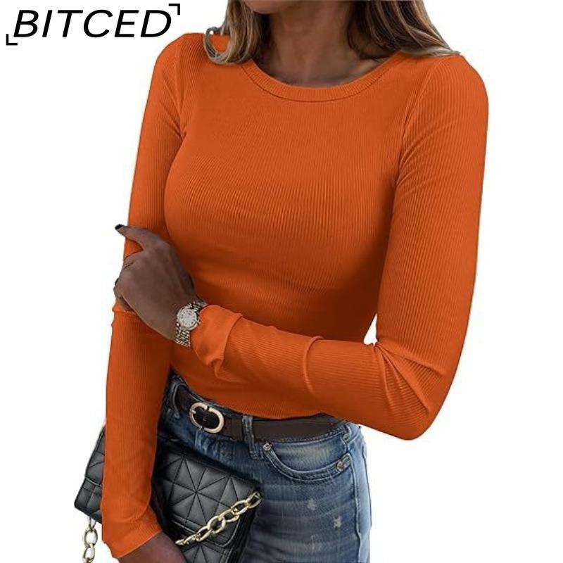 BITCED Women's Long-Sleeved Stretch O-Neck Ribbed T-Shirt Fitted Casual Basic Top