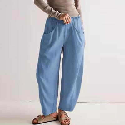 Women Elastic High Waist Pant Casual Fit Wide Leg Long Pants Trousers With Pockets