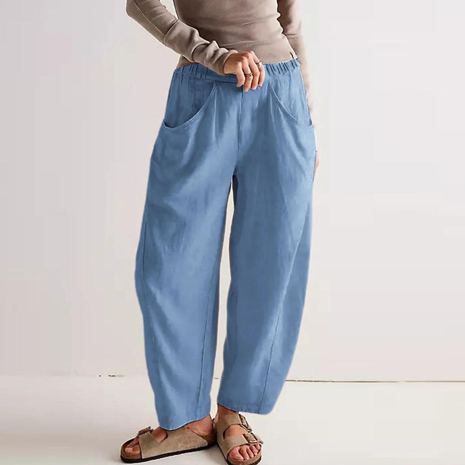 

Women Elastic High Waist Pant Casual Fit Wide Leg Long Pants Trousers With Pockets L синий