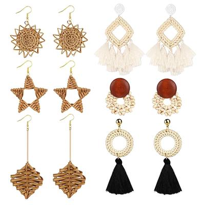 Boho Handgemachte Geometrische Holz Rattan Braid Drop Ohrringe Für Frauen