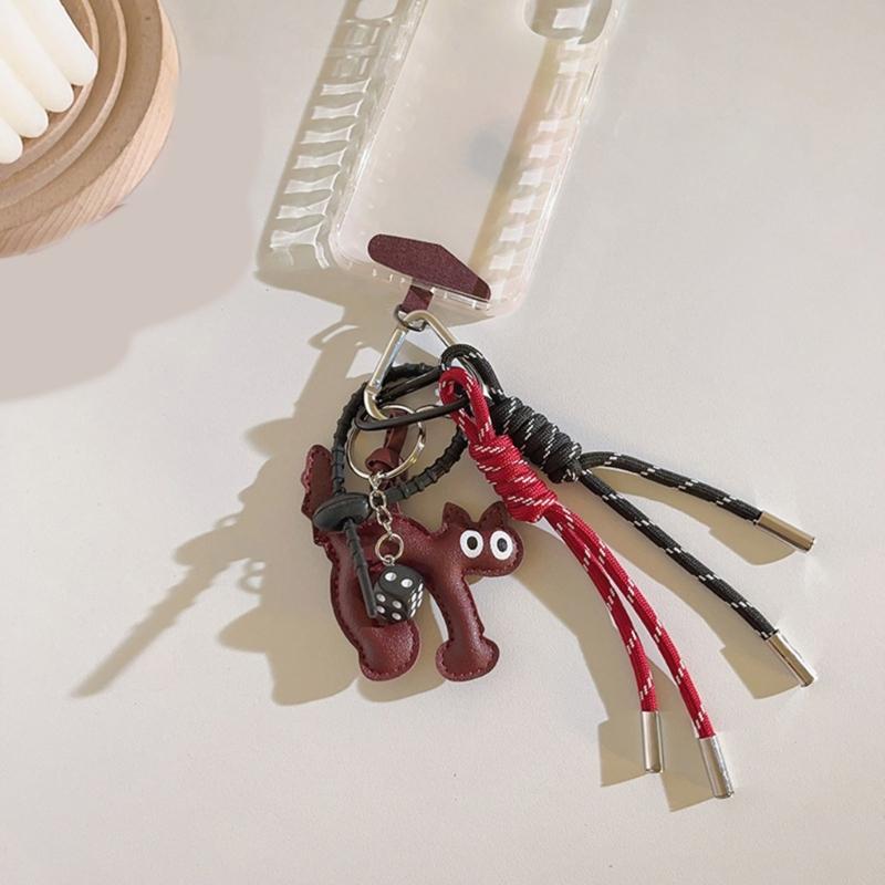 Elegant PU Leather Cat Pendant Keychain Braided Rope Phone Charm for Fashion Accessories Backpack Hanging Ornament