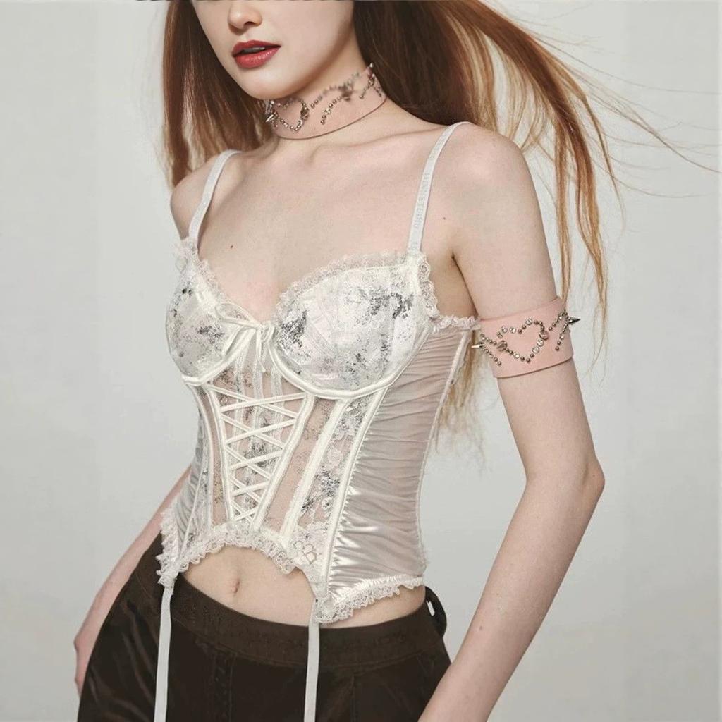 Women's Sweetheart Neck Sleeveless Lace Corset Top Slim Fit Sweet Floral Print Bustier Camisole