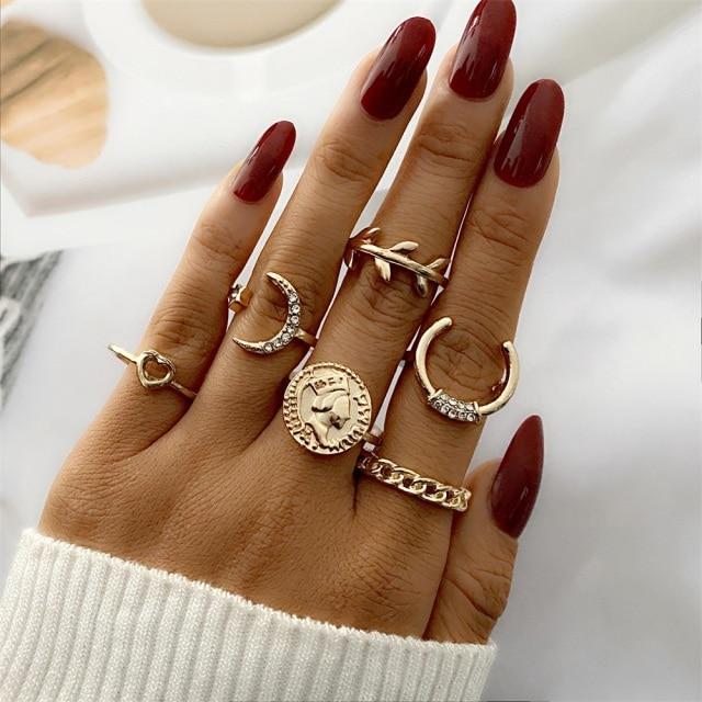 Sada prstenů s českým zlatým řetízkem pro ženy Fashion Boho Coin Snake Moon Rings Dárkové šperky Party Trend