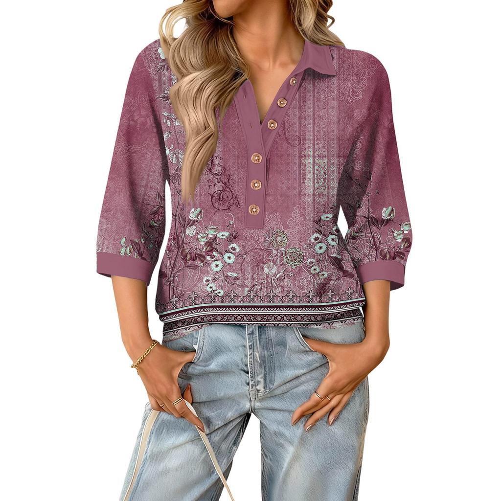 Damen modisches und lässiges Sommer V-Ausschnitt Patchwork Dreiviertelarm Retro Oberteil