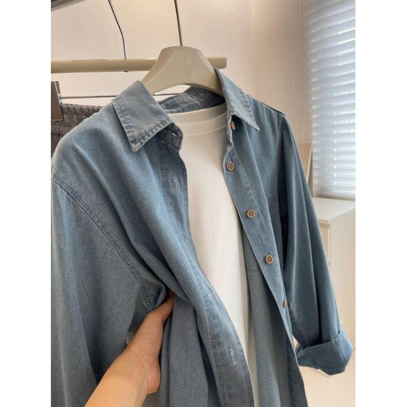 Guangzhou Thirteen Lines Women clothes Wear ~ Deep Light Blue Demin shirt ~ Retro Casual Shirt Spring and Autumn Thin Outerwear