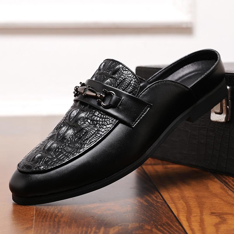 2024 Brand Men Shoe Summer Casual Flat Shoes Black Crocodile Leather Half Shoes Slip-on Slippers Men Comfortable Driving Loafers