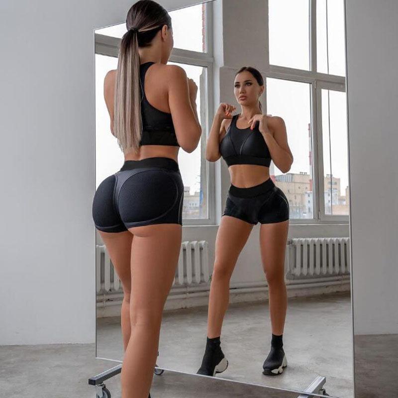 Black Breathable Yoga Set Women Mesh Sports Set 2 Pieces Gym Suits Push Up Bra+High Waist Shorts Sportwear