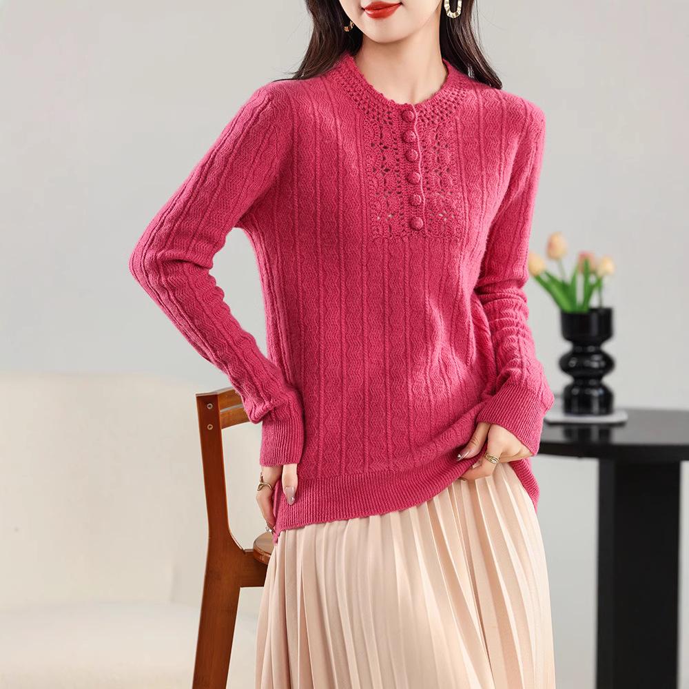 2024 Autumn/Winter Women's Wool Half-Zip Round Neck Jacquard Knit Hollow Loose Sweater