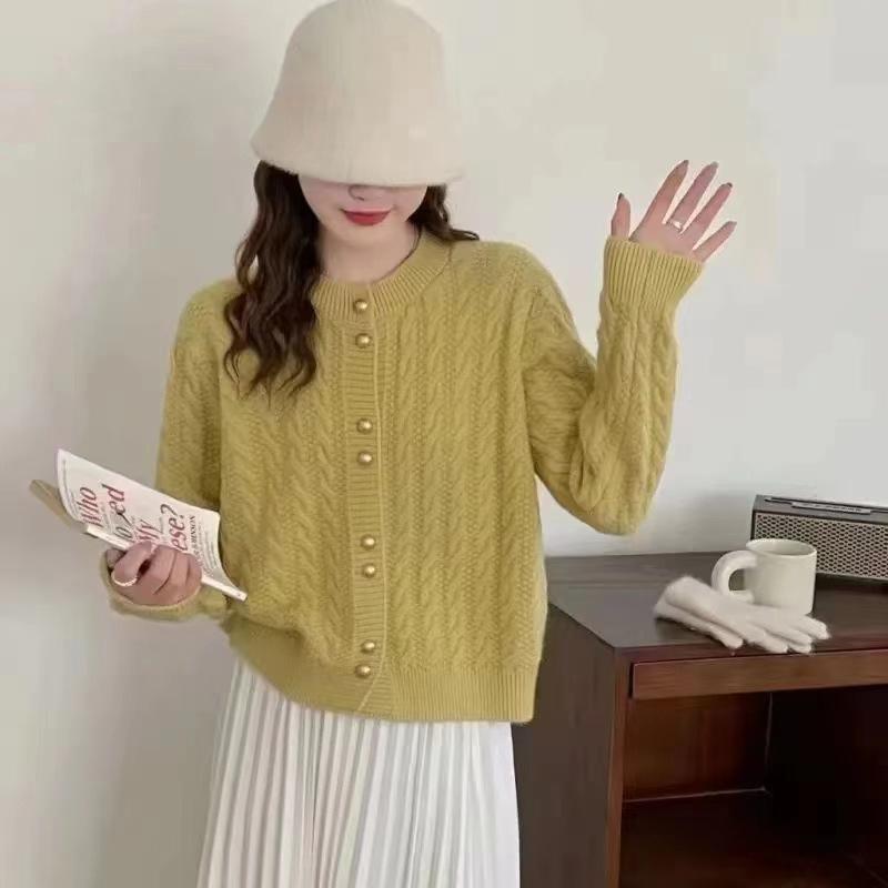 Retro Autumn and Winter Twist Crew Neck Pearl Buckle Knitted Cardigan Women's Soft Waxy Comfortable Versatile Sweater Jacket