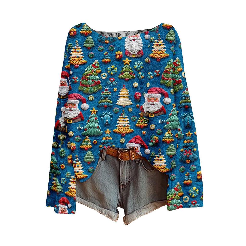 ZJW One-Shoulder 3D Christmas Pullover Sweater