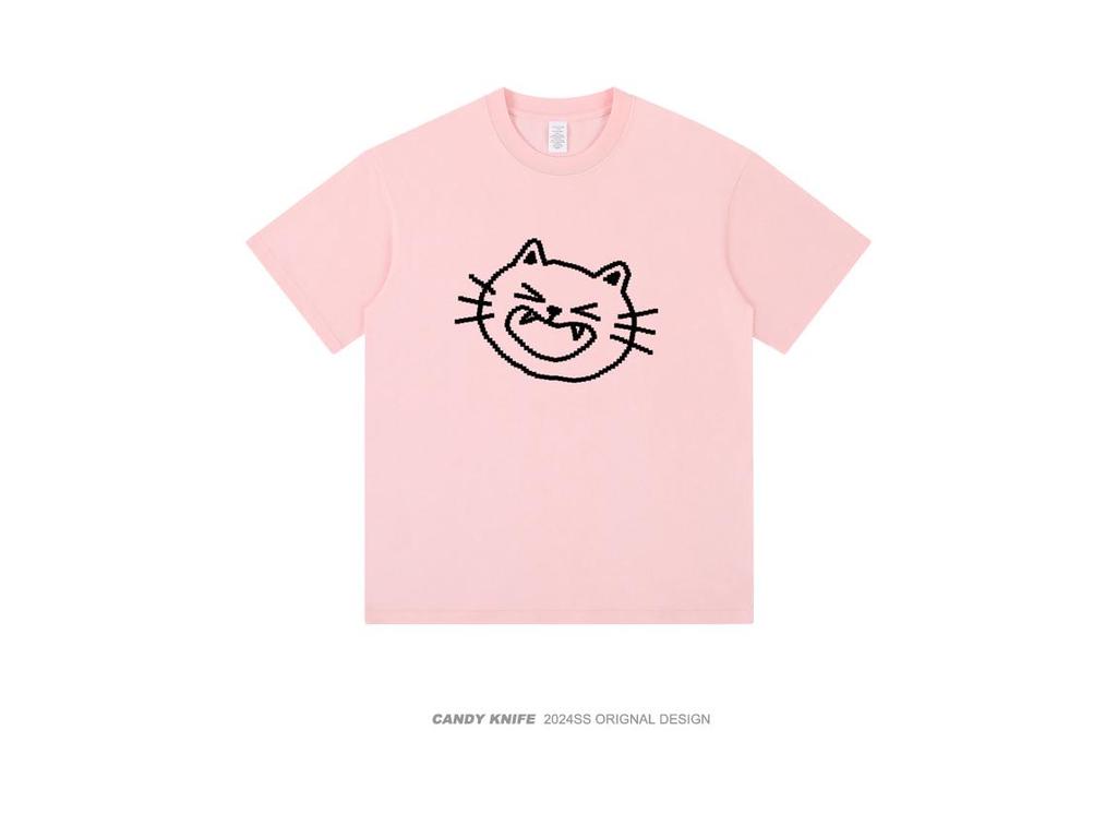 American Street Kitten Print Loose Short Sleeve Round Neck Summer T-Shirt for Couples