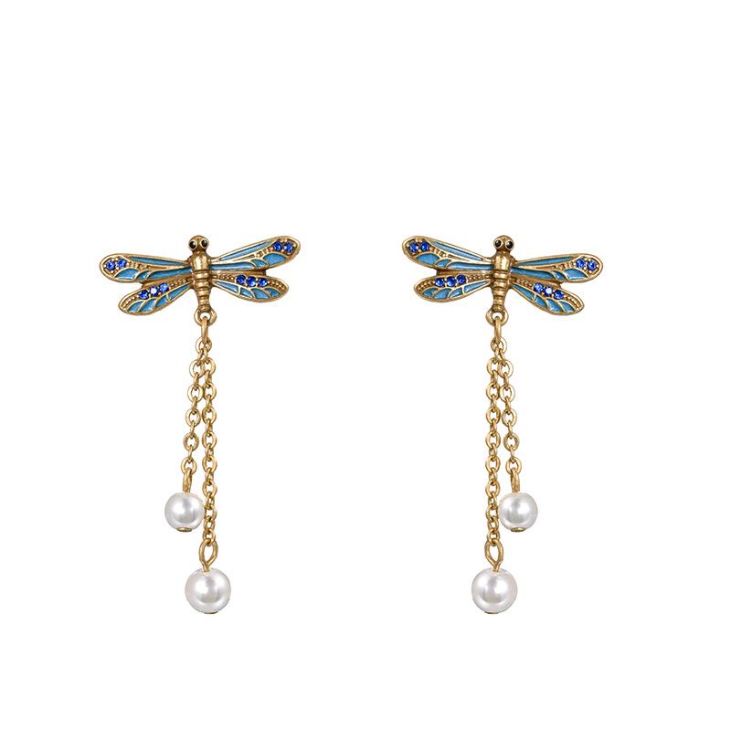 

Retro Chinese Dragonfly Tassel Pearl Earrings with Enamel Glaze, 925 Silver for Women