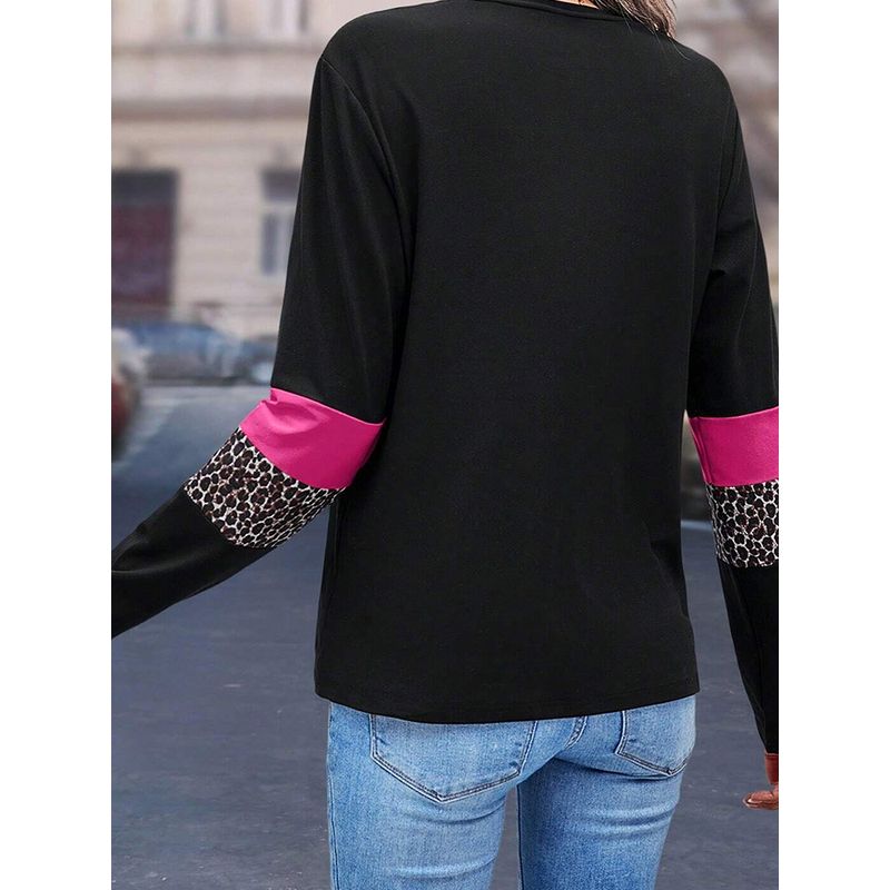 European and American Commuter Versatile Leopard Print Color Matching Long sleeves Shirt Women 2025 Autumn New Loose O-neck pullover Top