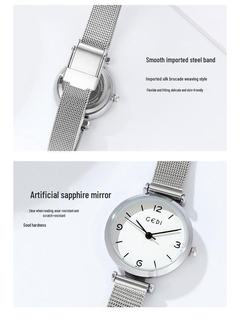 Gedi Damski Minimalistyczny Wodoodporny Zegarek Kwarcowy z Paskiem z Siatki ze Stali Nierdzewnej