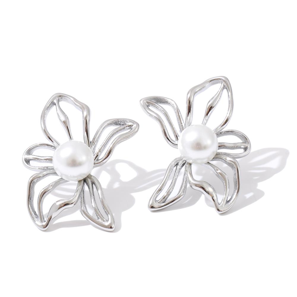 Eetit 2025 Stainless Steel Pearls Hollow Flower Stud Earrings Gift Gold & Platinum PVD Plated Modern Daily Jewelry Anti Allergic
