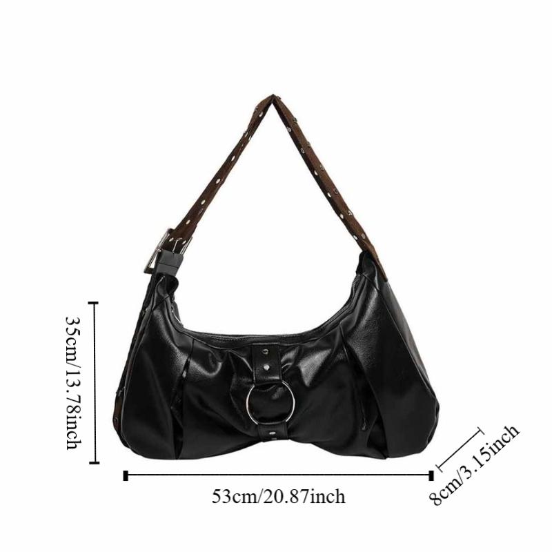 PU Leather Wide Strap Rivet Crossbody Bag Retro American Style Y2K Shoulder Bag  Travel