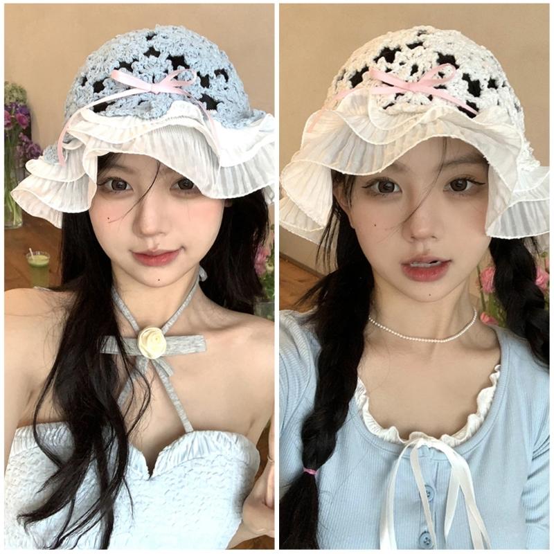 Summer Spring Crochet Bucket Hat Woman Commutes Camping Taking Photo Fisherman Hat with Pleated Trim for Girlfriend