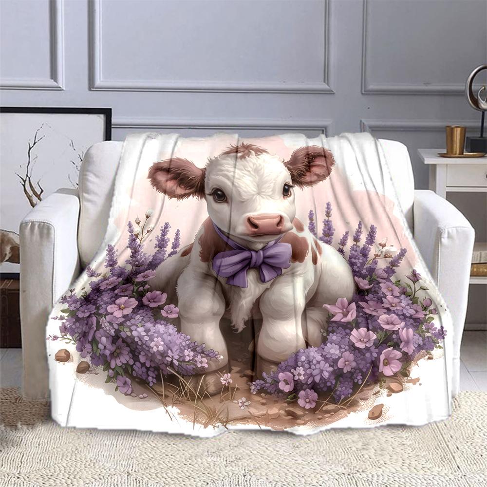 Cute Baby Cow with Lavender Flowers Patterned flannel blanket perfect for the bedroom living room, sofa, or a little nap