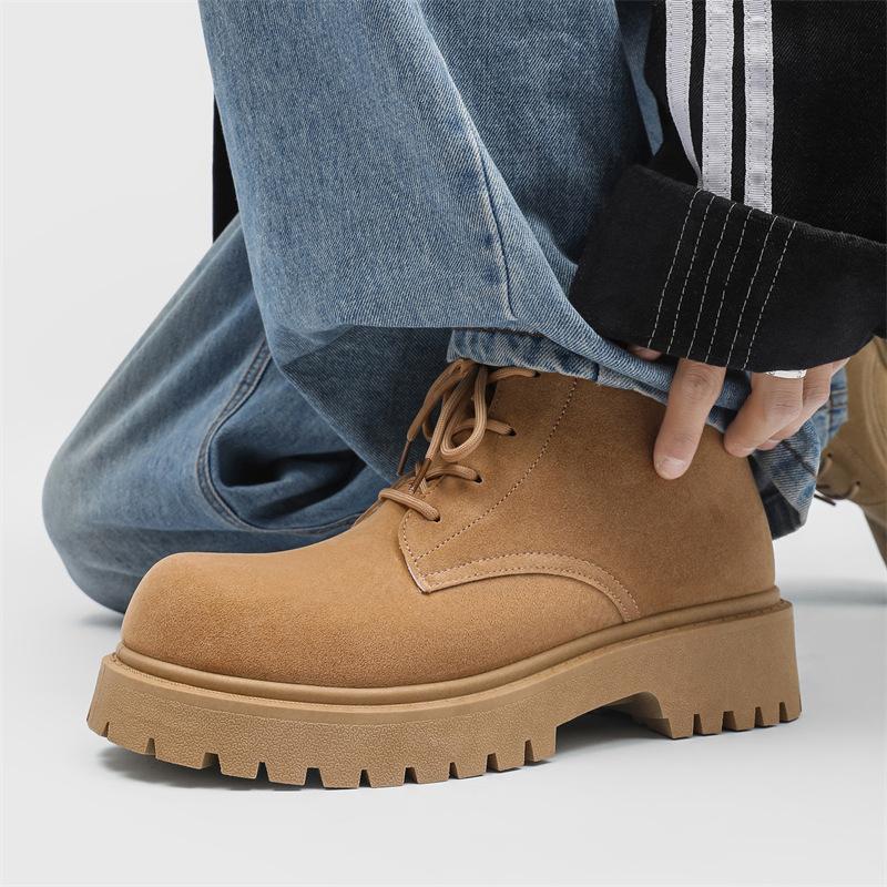 Fashion Mens High Top Derby Boots Chunky Platform Sole Big Round Toe Suede Leather Retro Vintage Work Shoes Anti-Slip Comfortable Autumn