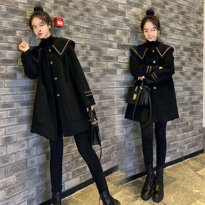 Women's 2026 Navy Collar Medium Wool Coat – Korean Academic A-Line Style, Petite Fit, Single-Breasted.