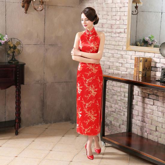 Ženy Léto Cheongsam Stojánek s límečkem Potisk na rameni Dělený lem bez zad s vyhloubeným lemem Bez rukávů Qipao Slim Fit Retro společenské šaty v čínském stylu