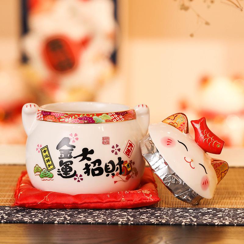 6 Inch Ceramic Maneki Neko Ornament Home Decoration Lucky Cat Figure Tabletop Candy Dish Cookie Canister Koi Fish Lid