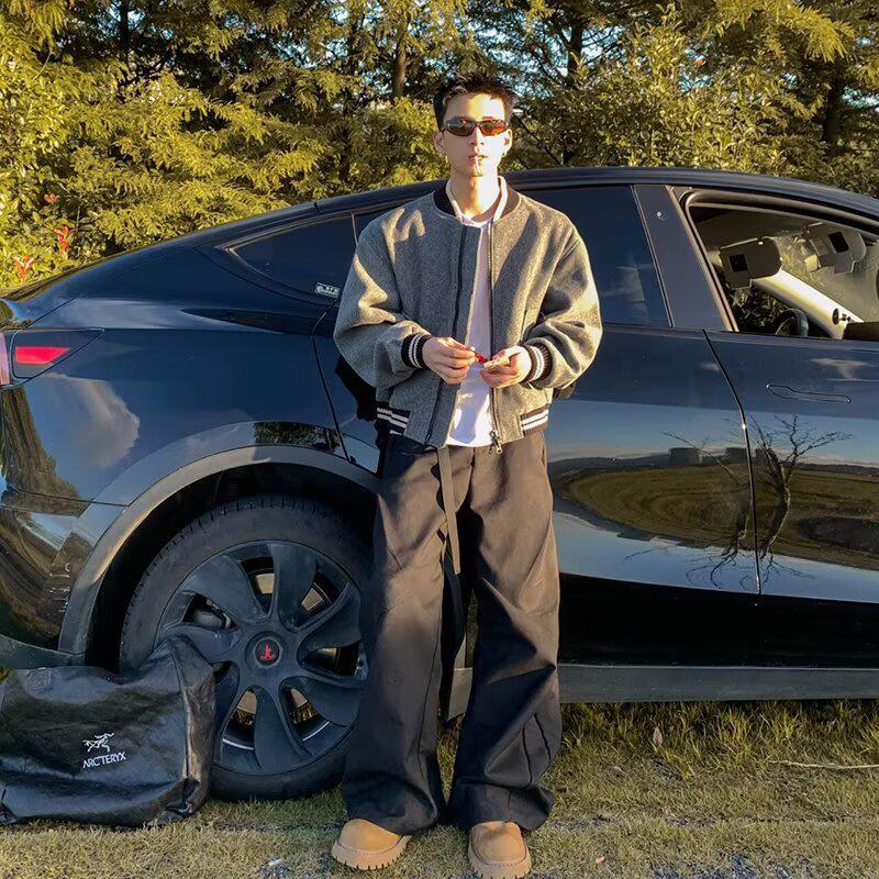 Graue Woll-Bomberjacke für Herren: Amerikanischer Retro, Frühling/Herbst, High-End Baseball-Stil