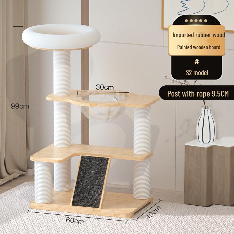 Solid Oak Cat Tree with Wall-Mounted Space Capsule Bed
