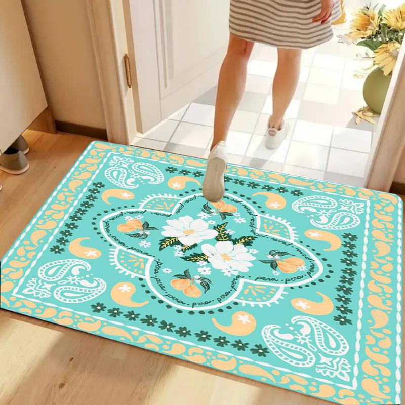 Fresh Turquoise Paisley Floral Door Mat Non-slip Washable for Entryway Kitchen Home Decoration