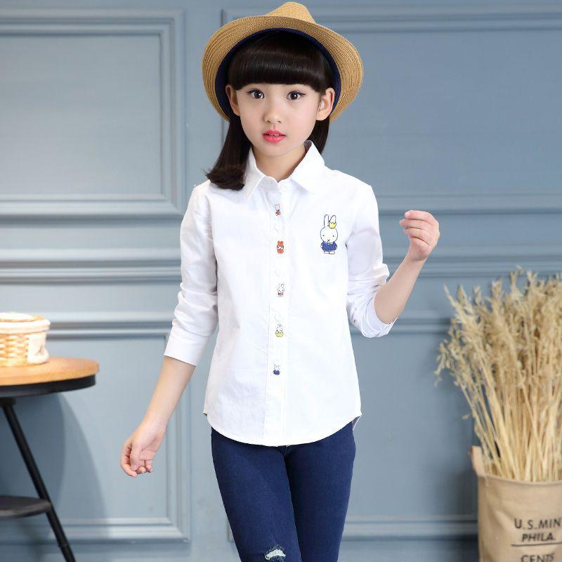Camisa escolar para adolescentes, blusa para niña, blusa blanca de algodón de manga larga con dibujos animados, Tops bordados, ropa para niños para primavera y otoño