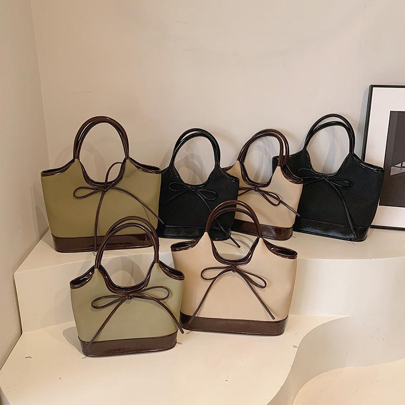 Chic Fashionable Bowknot Color Block Tote Bag Trendy Large Capacity Handbag