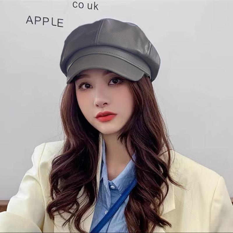 

1PC PU leather octagonal hat duck tongue Korean version tide spring retro British style hat women s versatile beret Adjustable сірий