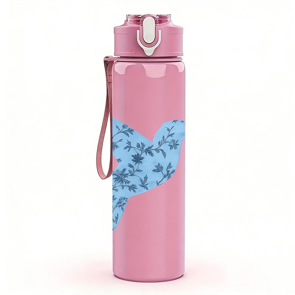 1PC Blue Floral Hummingbird 750ml Color Plastic Sports Water Bottle Leakproof Flip Straw Lid Suitable for Sports Office Home Use