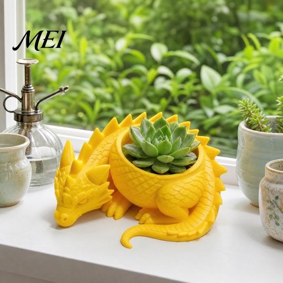 Dragon-shaped Flower Pot 3D Printed Pot, Fairy Tale Style Dragon-Shaped Planter Yellow Dragon with Breathable Design, Small Plant Container