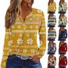 Women's Casual Christmas Print V-Neck Long Sleeve T-Shirt with Button