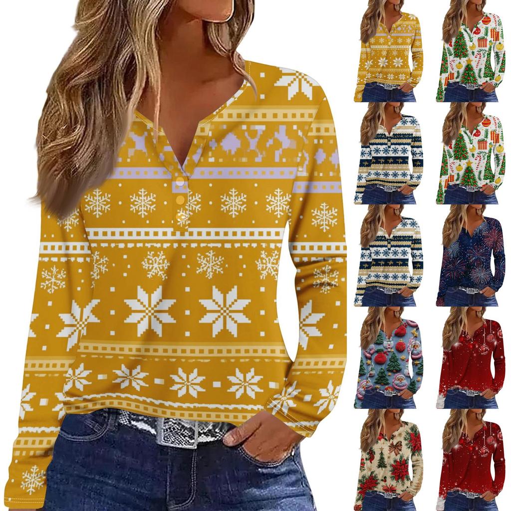 Women's Casual Christmas Print V-Neck Long Sleeve T-Shirt with Button