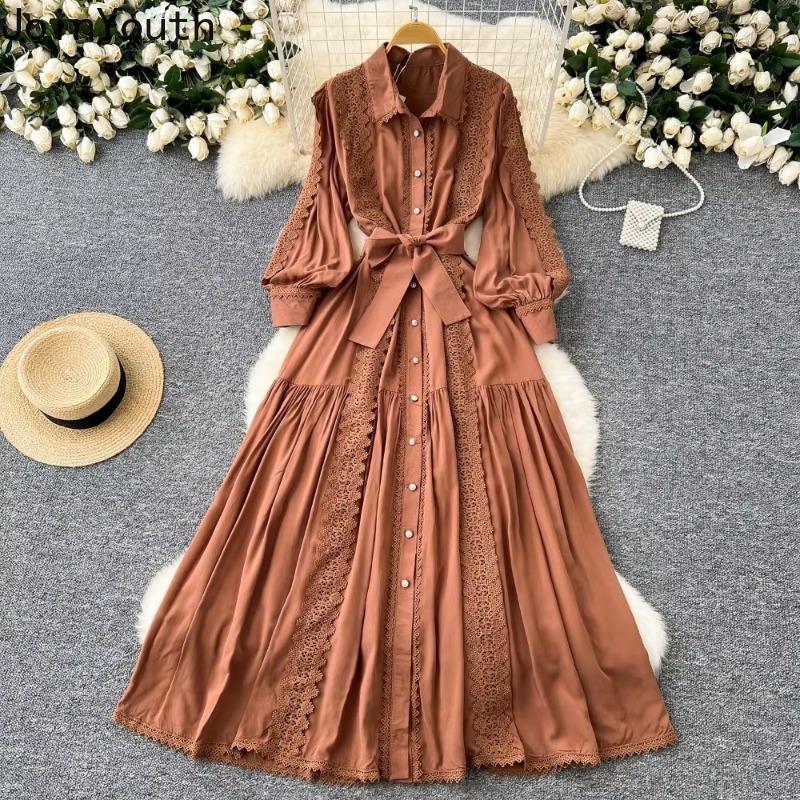 Bata Vintage para Mujer Cuello Vuelto Manga Linterna Vestido Encaje Vendaje Lazo Ajustado Gran Vuelo Vestidos Maxi Elegante Vestido Mujer