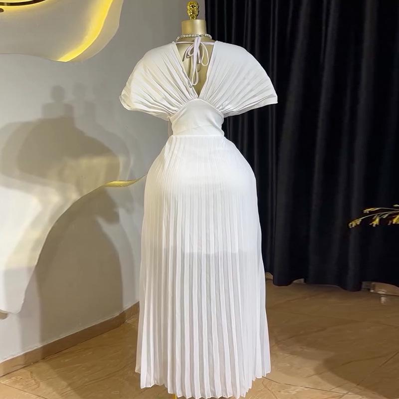 Rochie Elegantă de Primăvară 2025 cu Gât în V, Plisată, cu Mâneci Aripă de Liliac, Croială A-Linie pentru Femei