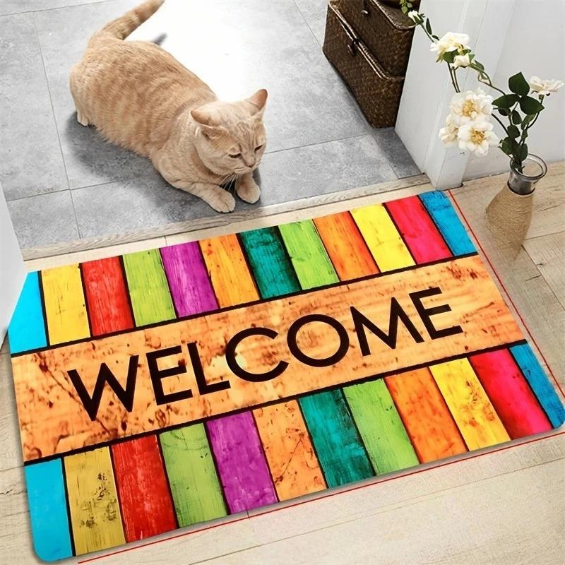 1PC Colorful Wooden Welcome Pattern Door Mats Kitchen Rug Non-Slip Pop Bathroom Rugs Bath Mat Carpet for Home Sink Laundry Decor