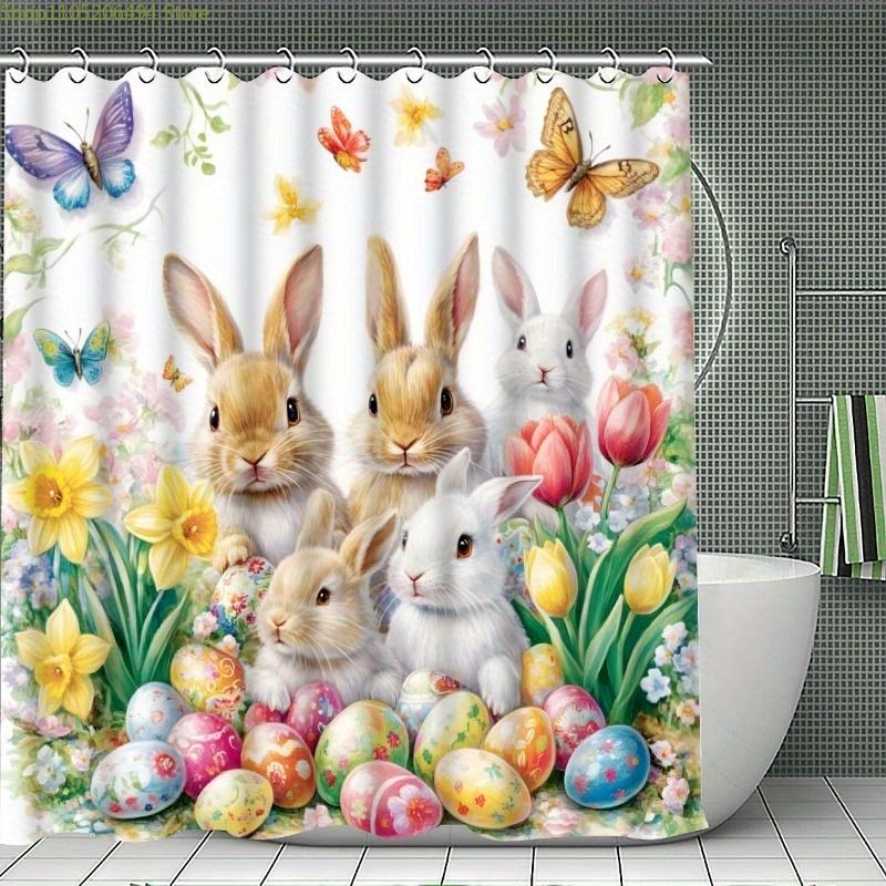 1/3/4pcs Easter Bunny & Egg Bath Set with Shower Curtain (180x180cm), Rug, U-Pad & Toilet Cover - Cute Spring Bathroom Decor,