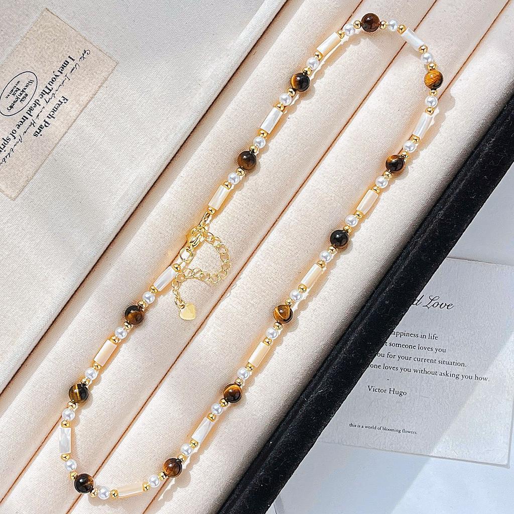 Vintage High Quality Natural Tiger'S Eye Stone Shell Sweater Chain Necklace Collarbone Chain