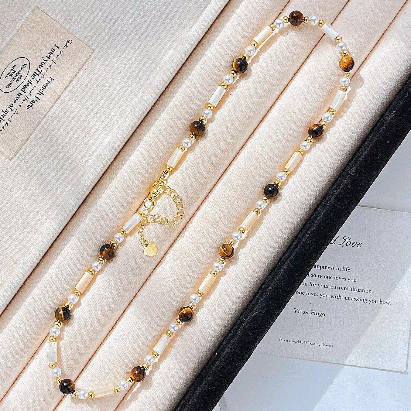 

Vintage High Quality Natural Tiger S Eye Stone Shell Sweater Chain Necklace Collarbone Chain